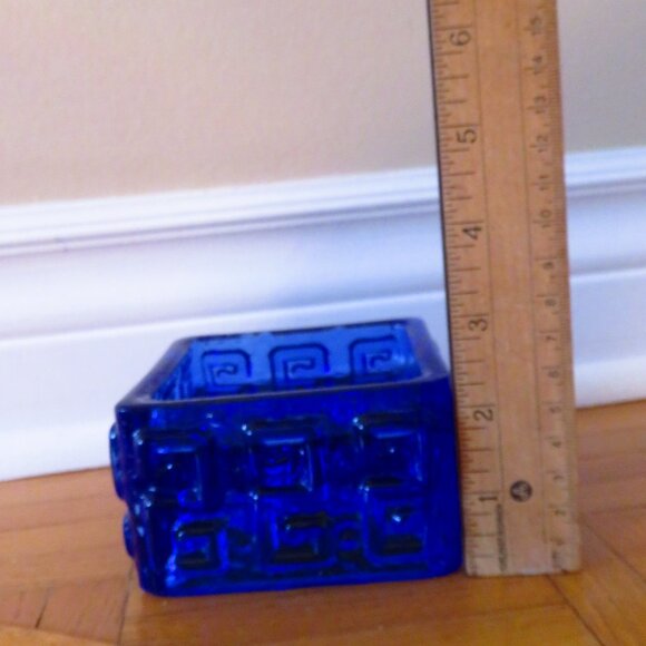 Vintage 60s Scandinavian square candle holde heavy blue glass Rihimaki "Talari" - Picture 7 of 8